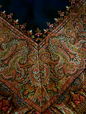 Antique Vintage Kashmir Paisley Wool Shawl Black Center Multi Color 60x60 picture