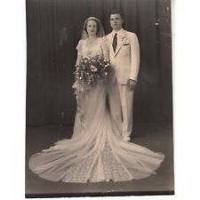 1942 Wedding Photo 8x10 Bride & Groom Wedding Portrait Beautiful Lace Silk Dress picture
