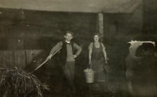 Man With Pitchfork By Women Holding Milk Buckets By Cow B&W Photograph 2.5 x 3.5 picture