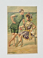 Antique Victorian Embossed Postcard Man/Woman Beach Swimming Attire 1910 ish picture
