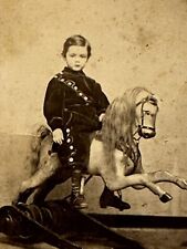 ANTIQUE 1860 FASHION LITTLE BOY RIDING A WOODEN HORSE TOY CDV PHOTO Rare picture