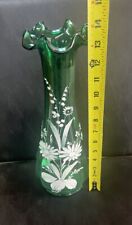 Vintage Emerald Art Glass Hand Painted, 14” Hand Blown Vase picture
