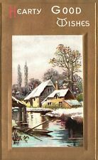 Vintage Postcard 1910's A Hearty Good Wishes Houses Beside Lake Nature Greetings picture