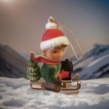 Vintage Kurt Adler Hard Plastic Hummel Like Christmas Ornament Sled Lantern Boy picture