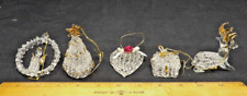 5 Vintage Various Design Hand Blown Glass Christmas Ornaments w/Gold Accents picture