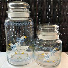 2 Vintage Country Geese Goose 1980s Blue Ribbon Libbey Canisters w/Lids. picture