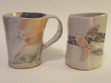 Handcrafted Art Pottery Peach & Gray Marbled Clay Coffee Mug & Cup Set of 2 picture