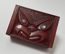 VINTAGE MAORI TIKI HAND CARVED WOODEN FEATHER TRINKET BOX NEW ZEALAND TRIBAL picture