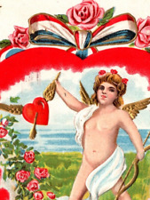 Vintage 1908 Valentine Postcard Patriotic Cupid Red White & Blue Winged Heart picture