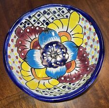 Hand Painted Talavera Mexican Pottery Footed Molcajete Salsa Bowl Cobalt Flowers picture