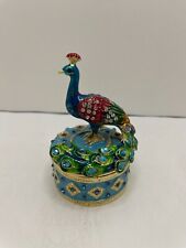 Peacock in Blue Hand Painted Bejeweled Hinged Trinket Jewelry Box picture