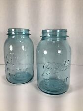 Set Of 2~Ball®️Turquoise Blue Quart Embossed Perfect Mason Glass Jars~ #8/#6 picture
