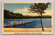 Greetings From Washington Island Wisconsin Posted 1950 Linen Swimming Beach picture