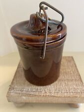 Vintage Brown Glazed Stoneware Butter Cheese Crock Wire Bail Locking Lid picture