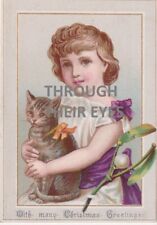 Original Victorian Christmas card  young girl with cat 1880's  picture