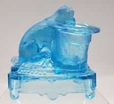 Antique Belmont Glass Co. Blue Glass Dog & Top Hat Match Toothpick Holder c.1887 picture