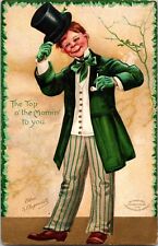 St Patricks Day Postcard Clapsaddle Irish Lad Pipe Top Hat Suit Morning Signed picture
