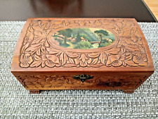 Vintage Hand Carved Jewelry Trinket Box with Mirror & Country Cottage Scene picture