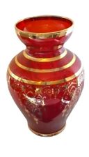 Bohemian Red Hand Blown Art Glass Small Vase Gold Accents picture