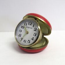 Vintage Montgomery Wards Wind Up Travel Alarm Clock in Red Leather Case - VGUC picture