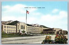 1930s High School Ogden UT Street View Mountains Old Unposted Linen Postcard B28 picture