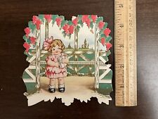 c1915 Antique Valentine's Day Card Young Child Girl Pink Dress Present Vintage picture