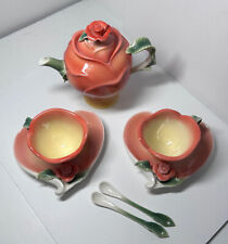 Sorelle 3D ROSES Peachy Porcelain Tea Set Teapot Cups Saucers  Spoons, PRE-OWNED picture