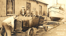 1932 RPPC CAR BOAT ON TRAIN TRACKS RAILROAD VAL MEN PIPE CRANK MORAK Postcard PS picture