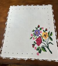 Embroidered small table topper gorgeous flowers, crocheted edge picture