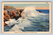 Portland ME-Maine, Casco Bay, Ocean Surf and Rocks, Antique Vintage Postcard picture