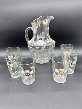 Antique Dugan Ruffled Edge Glass Hand Painted Floral Water Pitcher 6 Glasses Set picture