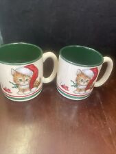 Pair Vintage 1989 Potpourri Press Kitten Cat Coffee Cup Mug Christmas Santa Hat picture
