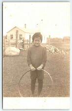 RPPC EARLY 1900s YOUNG BOY WITH HOOP ON A FARM  - POSTCARD picture