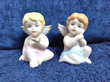 Vintage Pair of Homco 1430 Angel Cherub Figurines Porcelain Gold Trimmed Wings picture