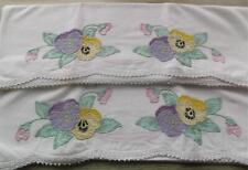 VTG 2 Pansy Hand Embroidered Pillowcases Lace Trim Applique Scalloped Edge VFG picture