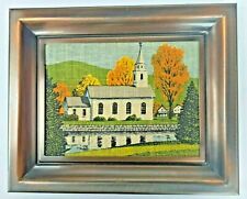 Vtg Fall Scene of Country Church by River Paint Burlap Wall Picture Art -Copper picture