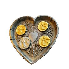 Vintage Metzke Pewter Trinket Heart Shaped Dish Hammered 4 Guardian Angel Tokens picture
