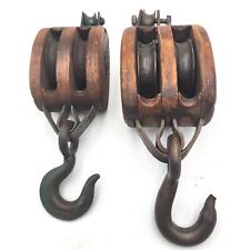 2 VTG Wood Blocks & Tackle Double Pulley Iron Barn Hooks FAST Shipping picture