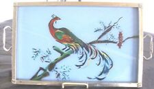 VTG ART DECO REVERSE PAINTED on BLUE GLASS PEACOCK METAL TRAY w/HANDLES picture