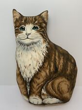 Vintage Cat Shaped Pillow Cut & Sew 2pc Machine Sewn Brown Tabby Green Eyes 13” picture