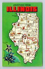 IL-Illinois, General Road Map Greetings, State Icons, Vintage Souvenir Postcard picture