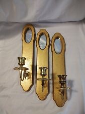 🔥3 Vintage Wall Hanging Faux Gold Leaf Wood Brass Mirror Candle Holders Sconces picture