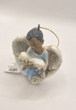 Ceramic Angel Black Boy Holding Lamb Small Ornament Blue Robe 2.5 X 3.15 picture