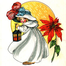 Vintage 1910s Girl With Lantern Hat Good Wishes Happy Christmas Postcard picture