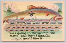 Postcard Man with Giant Fish on Train Carts, Was Going to Throw it Back Vintage picture