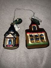 VINTAGE BLOWN GLASS CHRISTBORN CHURCH CHAPEL CHRISTMAS ORNAMENT GERMANY Set Of 2 picture