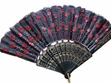 Chinese Folding Fan Black Fabric With Red Floral Stitching picture