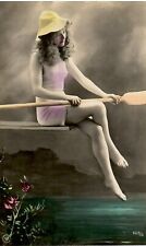 Early 1900's RPPC Postcard Hand Tinted ~ Lovely Girl with Boat Paddle ~ Unposted picture