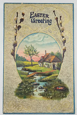 1910 EASTER GREETING Embossed Countryside Scene Germany Made Postcard picture