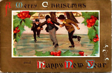 Postcard~A Merry Christmas & Happy New Year Children Skating Holly picture